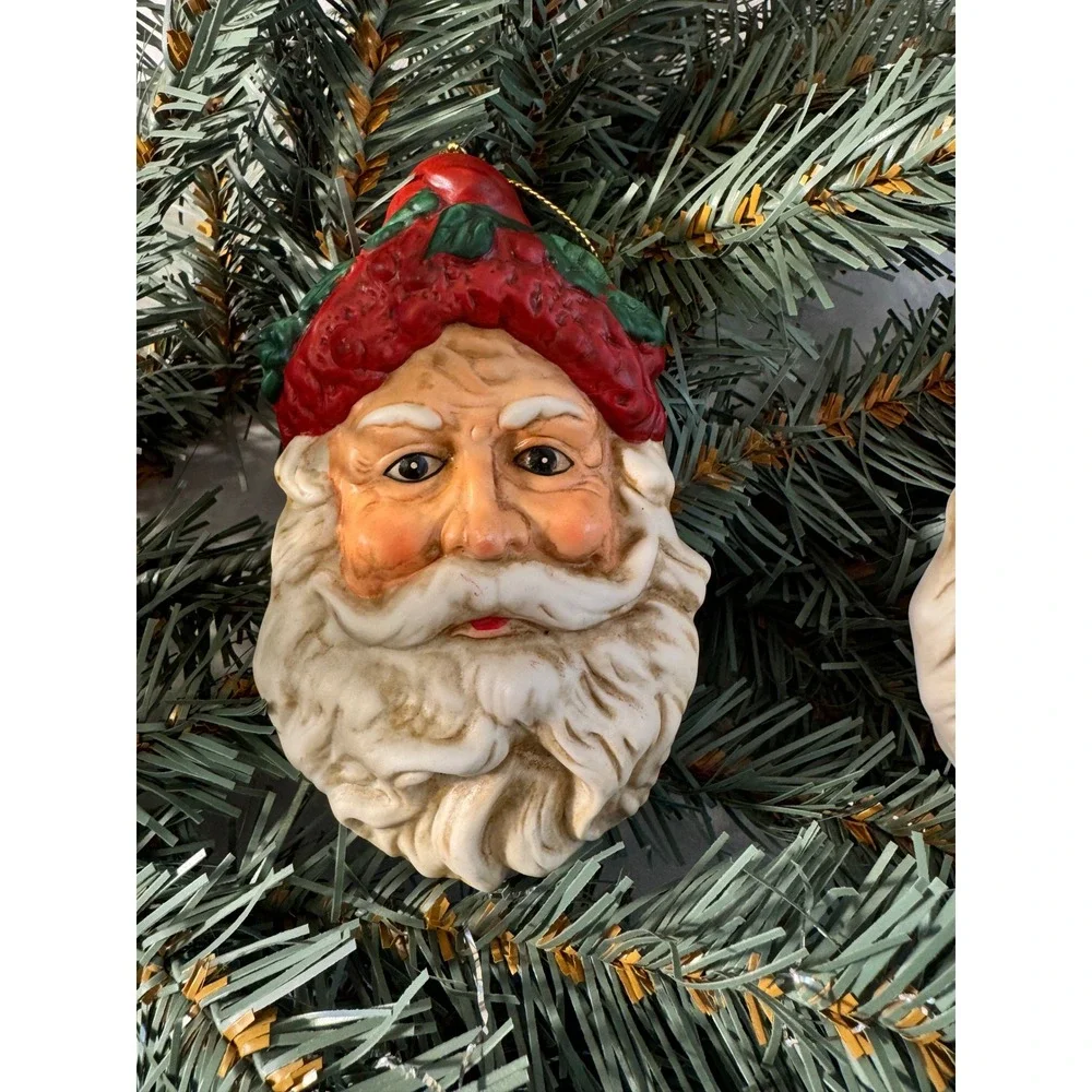 Santa Claus Ornaments Red White Vintage Style Set of 2